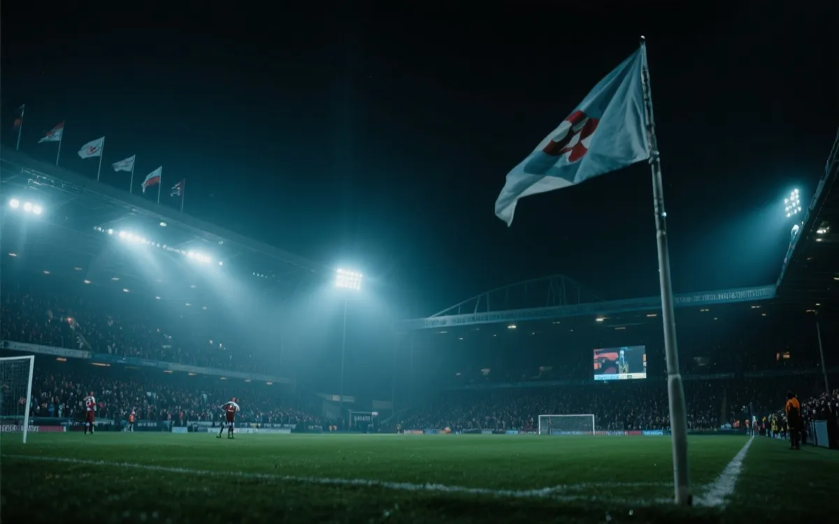 寒冷夜场足球比赛氛围，灯光与观众看台的电影感画面