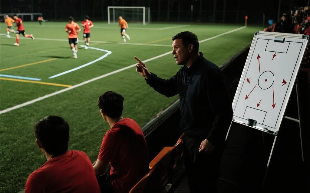 教练在场边指挥与战术板数据的视觉占位图